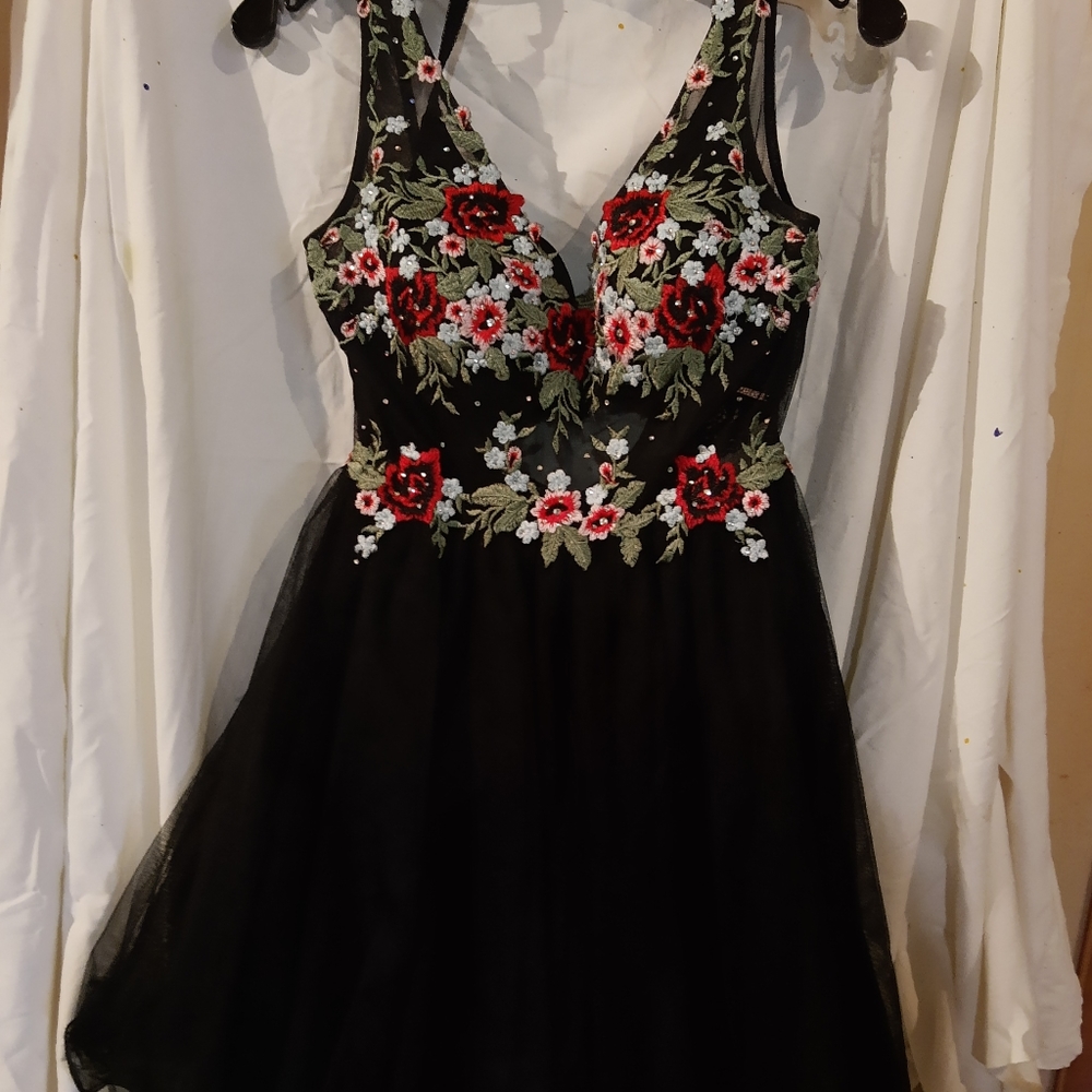 Embroidered Floral Dress with Rhinestone detailing and mesh waist